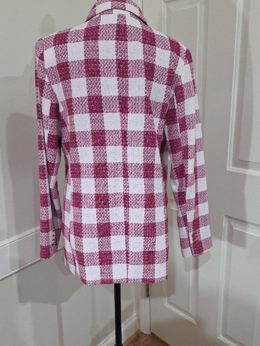 Liz Claiborne Pink & White Check Double-Breasted Tweed Blazer- Size 12 - Picture 7 of 11